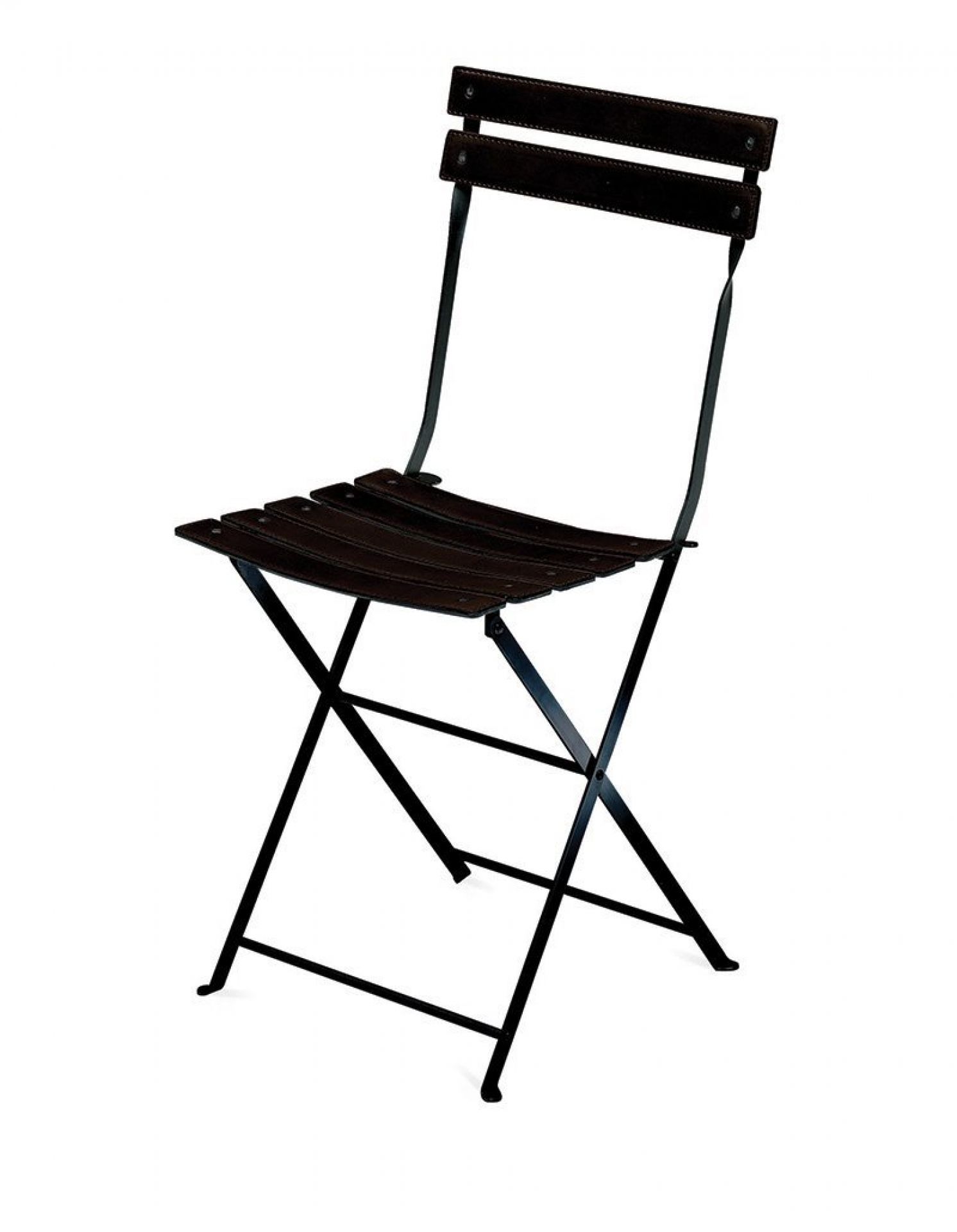 Celestina Klappstuhl von Zanotta: Brauner Holz-Klappstuhl mit schwarzem Metallgestell für Garten, Balkon und Terrasse.